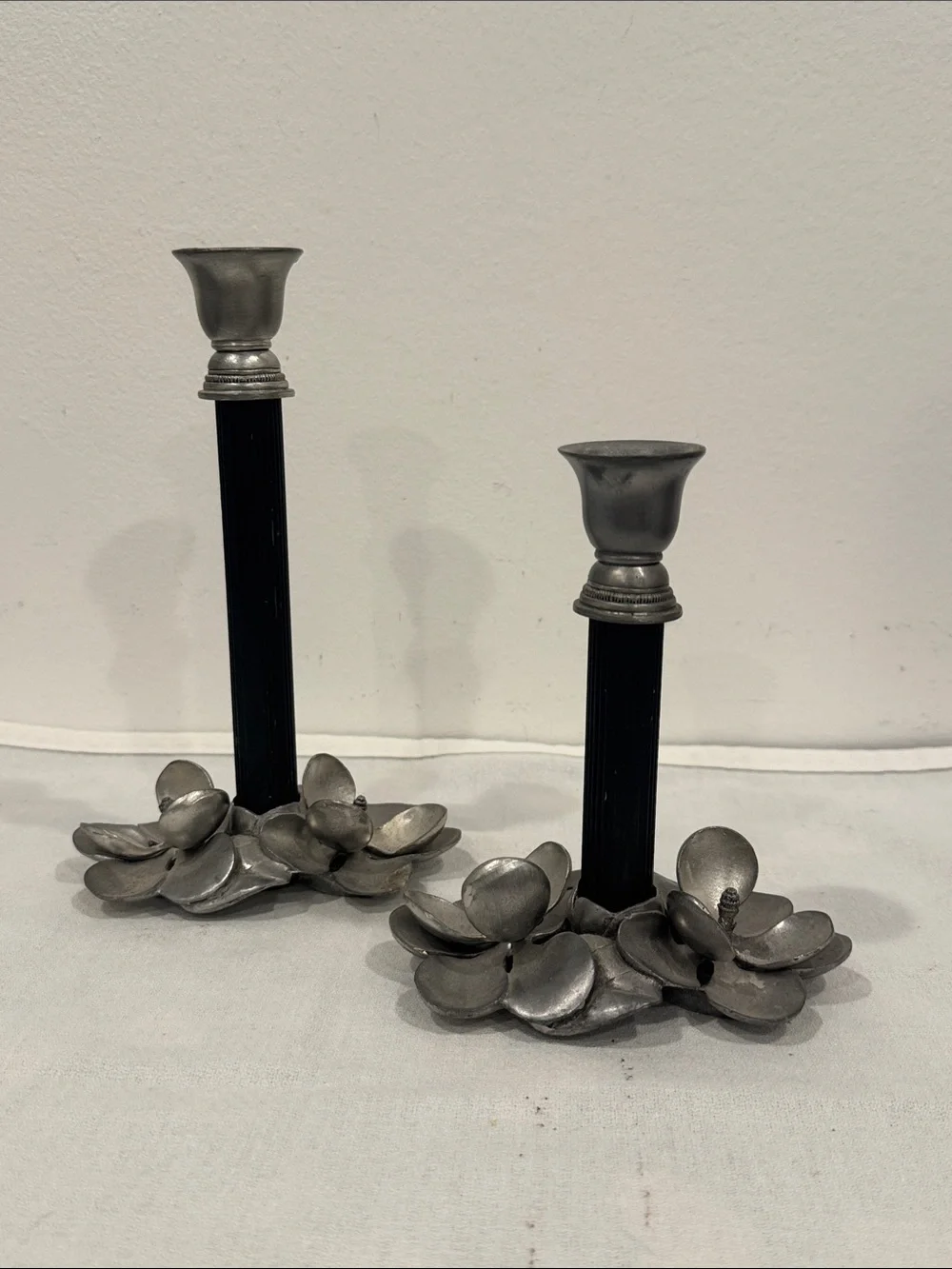 Vintage Metzke Pewter & Black Metal Taper Candle Holders Dogwood Flower Blossoms